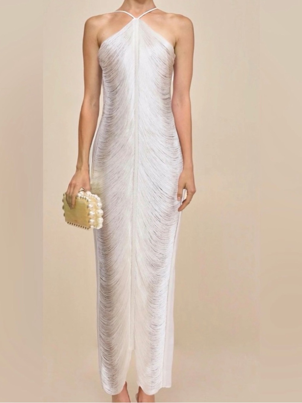 Cult Gaia Renata White Halter Fringe Maxi Dress